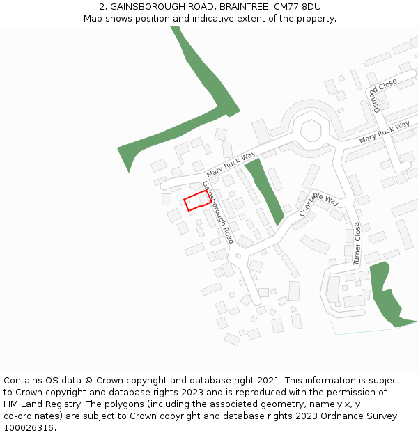 2, GAINSBOROUGH ROAD, BRAINTREE, CM77 8DU: Location map and indicative extent of plot