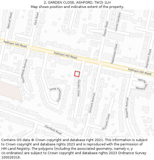 2, GARDEN CLOSE, ASHFORD, TW15 1LH: Location map and indicative extent of plot