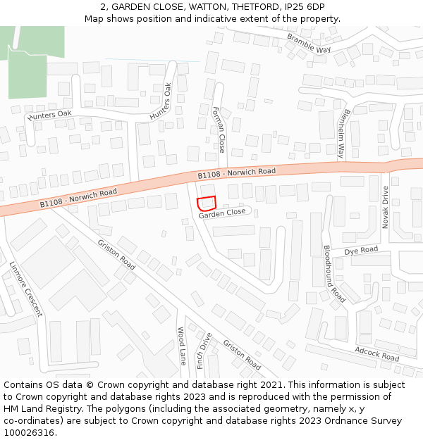 2, GARDEN CLOSE, WATTON, THETFORD, IP25 6DP: Location map and indicative extent of plot
