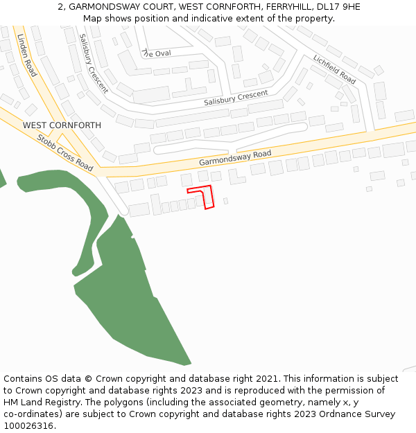 2, GARMONDSWAY COURT, WEST CORNFORTH, FERRYHILL, DL17 9HE: Location map and indicative extent of plot