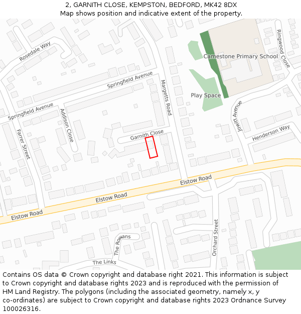 2, GARNITH CLOSE, KEMPSTON, BEDFORD, MK42 8DX: Location map and indicative extent of plot