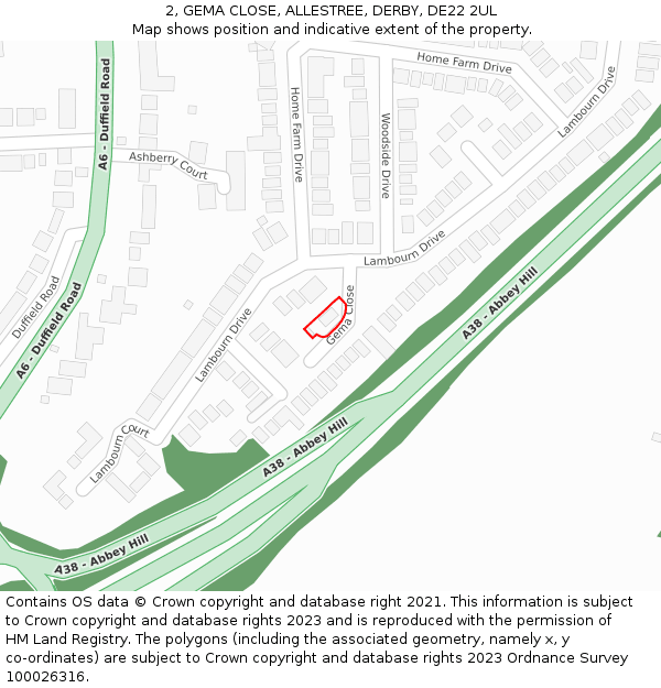 2, GEMA CLOSE, ALLESTREE, DERBY, DE22 2UL: Location map and indicative extent of plot