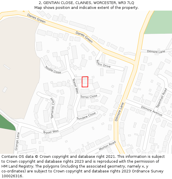 2, GENTIAN CLOSE, CLAINES, WORCESTER, WR3 7LQ: Location map and indicative extent of plot