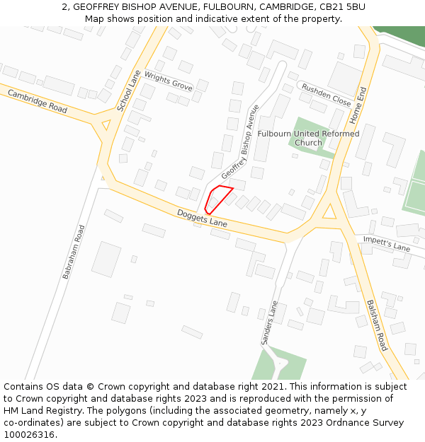 2, GEOFFREY BISHOP AVENUE, FULBOURN, CAMBRIDGE, CB21 5BU: Location map and indicative extent of plot