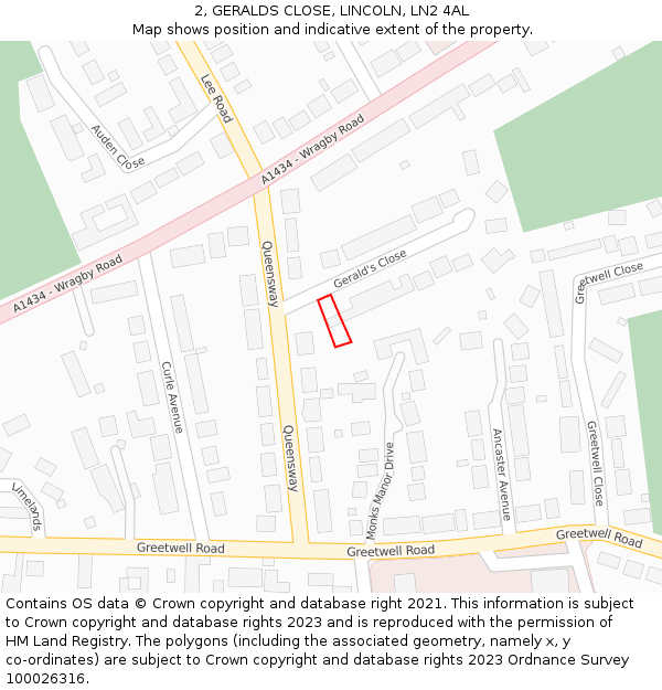 2, GERALDS CLOSE, LINCOLN, LN2 4AL: Location map and indicative extent of plot