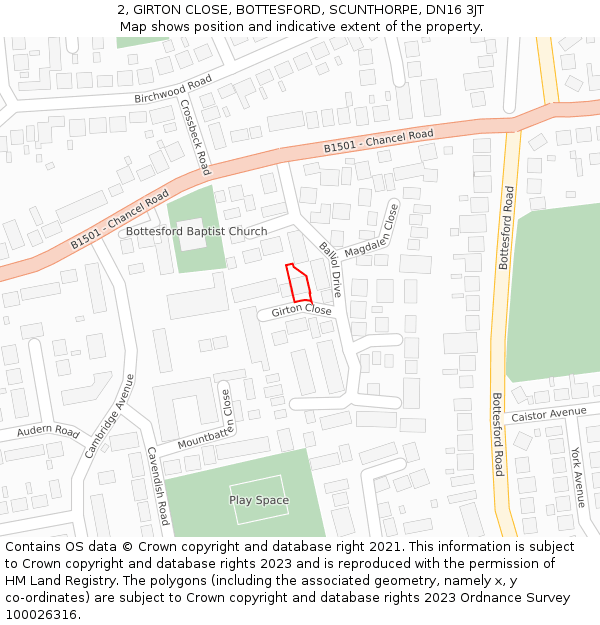 2, GIRTON CLOSE, BOTTESFORD, SCUNTHORPE, DN16 3JT: Location map and indicative extent of plot