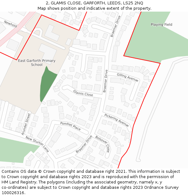 2, GLAMIS CLOSE, GARFORTH, LEEDS, LS25 2NQ: Location map and indicative extent of plot