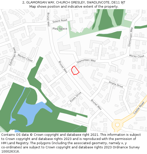 2, GLAMORGAN WAY, CHURCH GRESLEY, SWADLINCOTE, DE11 9JT: Location map and indicative extent of plot