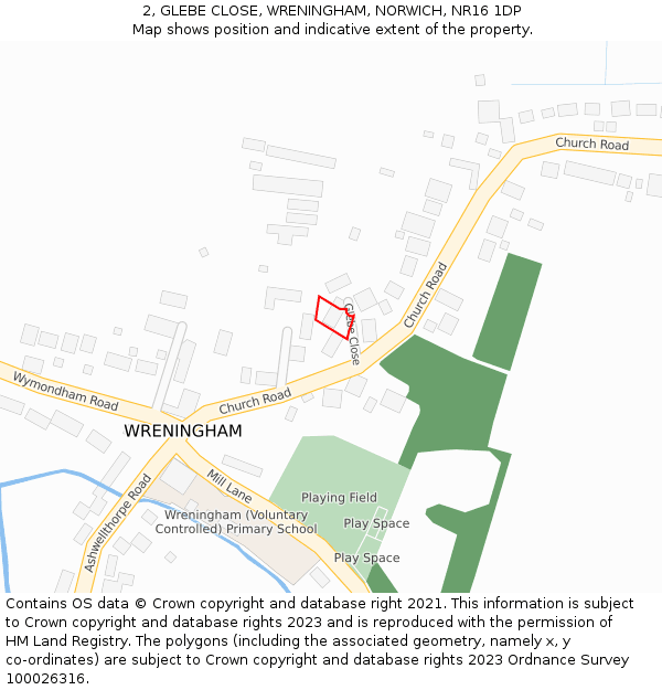 2, GLEBE CLOSE, WRENINGHAM, NORWICH, NR16 1DP: Location map and indicative extent of plot