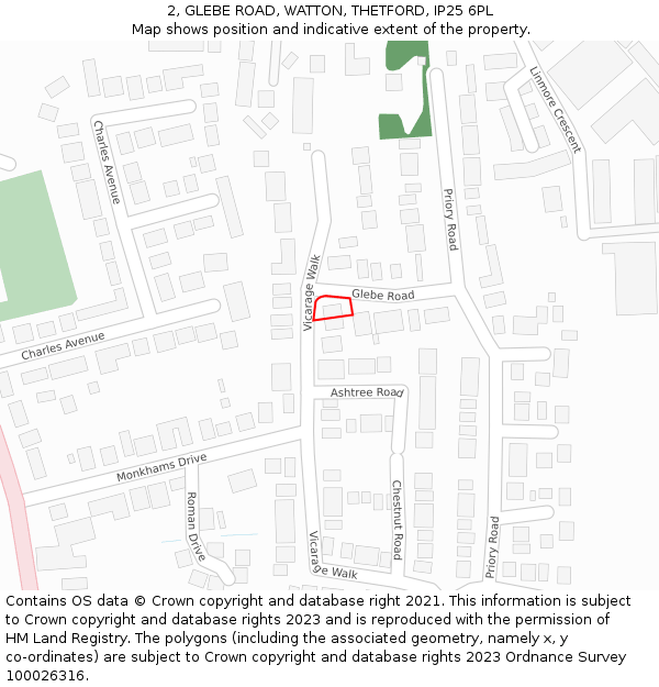 2, GLEBE ROAD, WATTON, THETFORD, IP25 6PL: Location map and indicative extent of plot