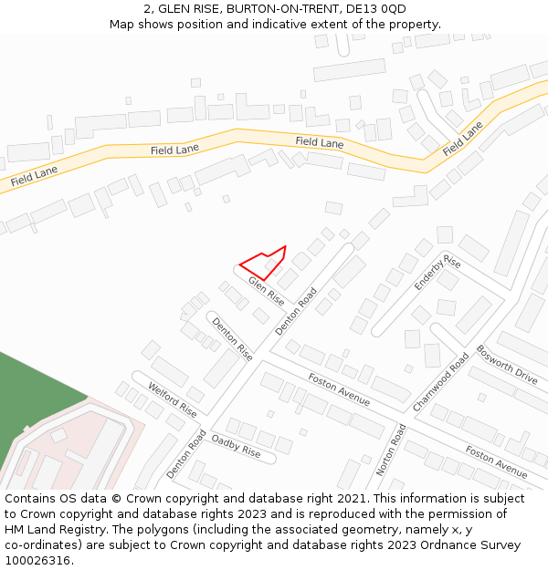 2, GLEN RISE, BURTON-ON-TRENT, DE13 0QD: Location map and indicative extent of plot