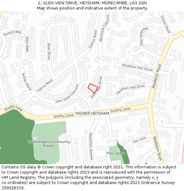 2, GLEN VIEW DRIVE, HEYSHAM, MORECAMBE, LA3 2QN: Location map and indicative extent of plot