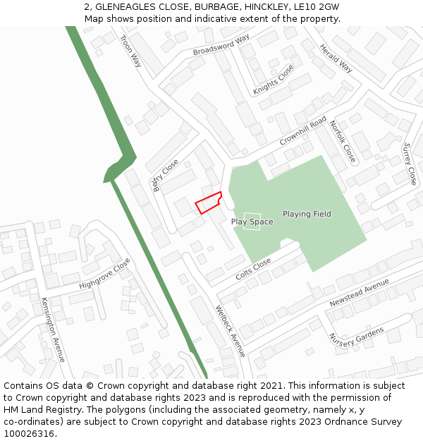 2, GLENEAGLES CLOSE, BURBAGE, HINCKLEY, LE10 2GW: Location map and indicative extent of plot