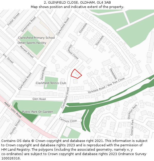 2, GLENFIELD CLOSE, OLDHAM, OL4 3AB: Location map and indicative extent of plot