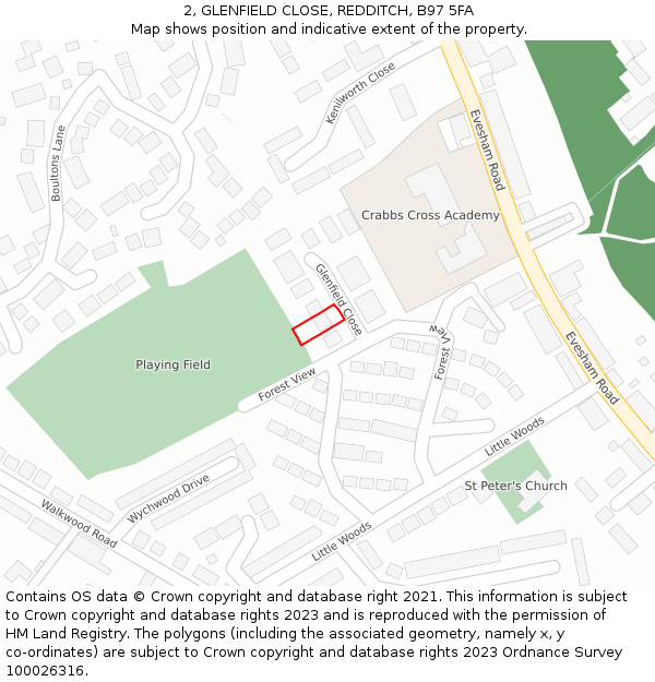 2, GLENFIELD CLOSE, REDDITCH, B97 5FA: Location map and indicative extent of plot