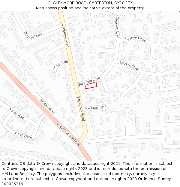 2, GLENMORE ROAD, CARTERTON, OX18 1TX: Location map and indicative extent of plot