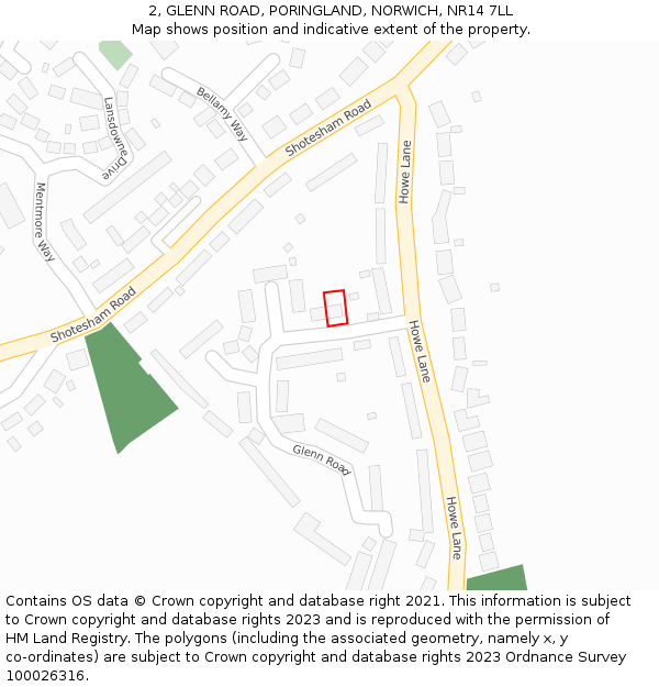 2, GLENN ROAD, PORINGLAND, NORWICH, NR14 7LL: Location map and indicative extent of plot