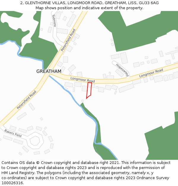 2, GLENTHORNE VILLAS, LONGMOOR ROAD, GREATHAM, LISS, GU33 6AG: Location map and indicative extent of plot