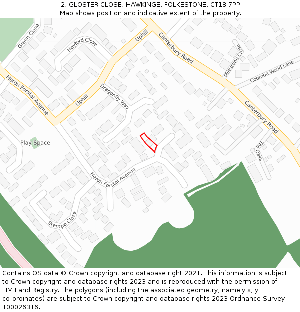 2, GLOSTER CLOSE, HAWKINGE, FOLKESTONE, CT18 7PP: Location map and indicative extent of plot