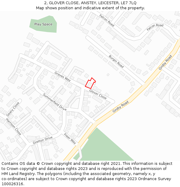 2, GLOVER CLOSE, ANSTEY, LEICESTER, LE7 7LQ: Location map and indicative extent of plot