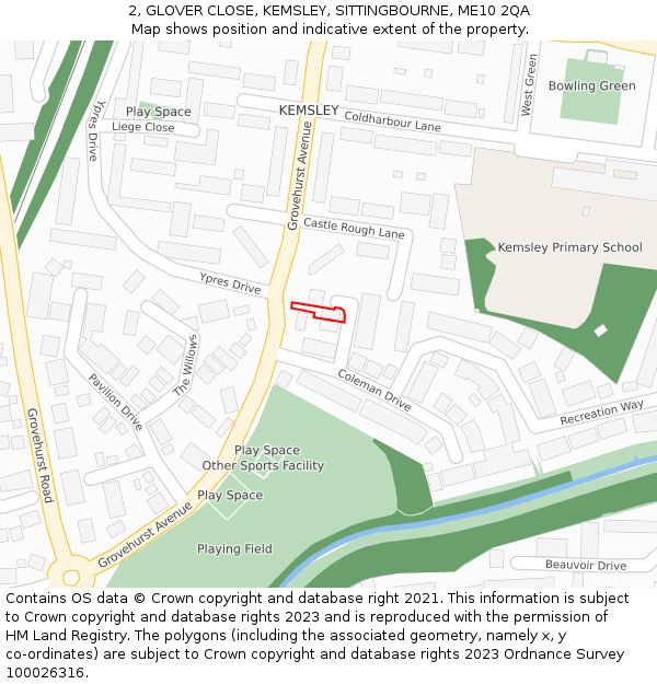 2, GLOVER CLOSE, KEMSLEY, SITTINGBOURNE, ME10 2QA: Location map and indicative extent of plot