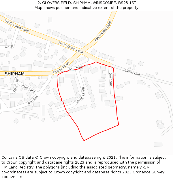 2, GLOVERS FIELD, SHIPHAM, WINSCOMBE, BS25 1ST: Location map and indicative extent of plot