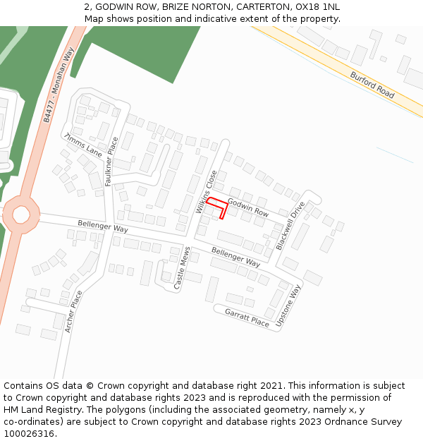 2, GODWIN ROW, BRIZE NORTON, CARTERTON, OX18 1NL: Location map and indicative extent of plot