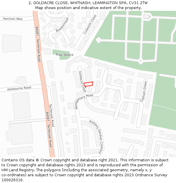 2, GOLDACRE CLOSE, WHITNASH, LEAMINGTON SPA, CV31 2TW: Location map and indicative extent of plot