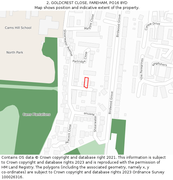 2, GOLDCREST CLOSE, FAREHAM, PO16 8YD: Location map and indicative extent of plot