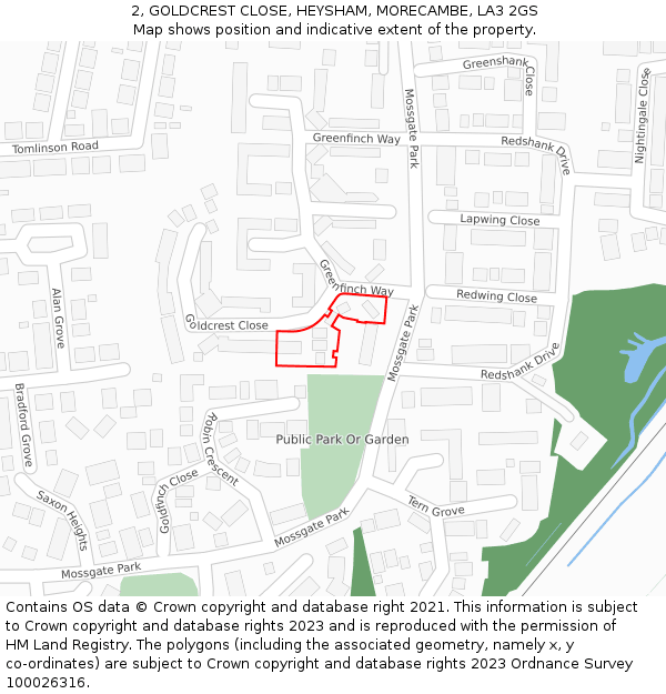 2, GOLDCREST CLOSE, HEYSHAM, MORECAMBE, LA3 2GS: Location map and indicative extent of plot