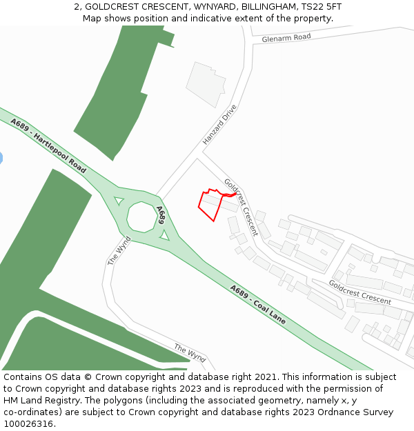 2, GOLDCREST CRESCENT, WYNYARD, BILLINGHAM, TS22 5FT: Location map and indicative extent of plot