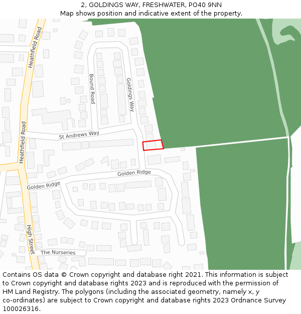 2, GOLDINGS WAY, FRESHWATER, PO40 9NN: Location map and indicative extent of plot