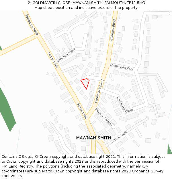 2, GOLDMARTIN CLOSE, MAWNAN SMITH, FALMOUTH, TR11 5HG: Location map and indicative extent of plot