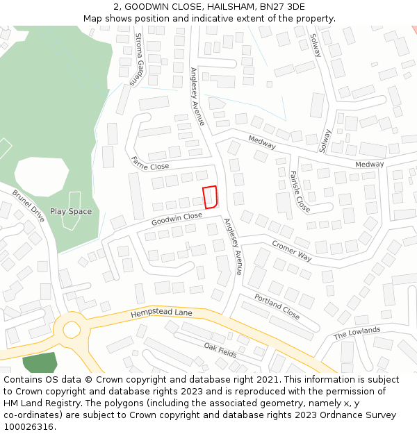 2, GOODWIN CLOSE, HAILSHAM, BN27 3DE: Location map and indicative extent of plot