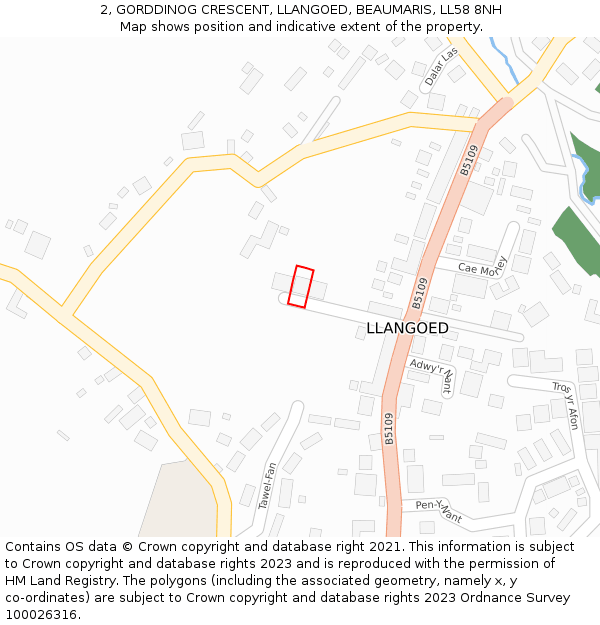 2, GORDDINOG CRESCENT, LLANGOED, BEAUMARIS, LL58 8NH: Location map and indicative extent of plot