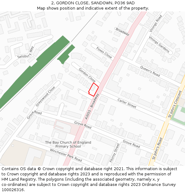 2, GORDON CLOSE, SANDOWN, PO36 9AD: Location map and indicative extent of plot