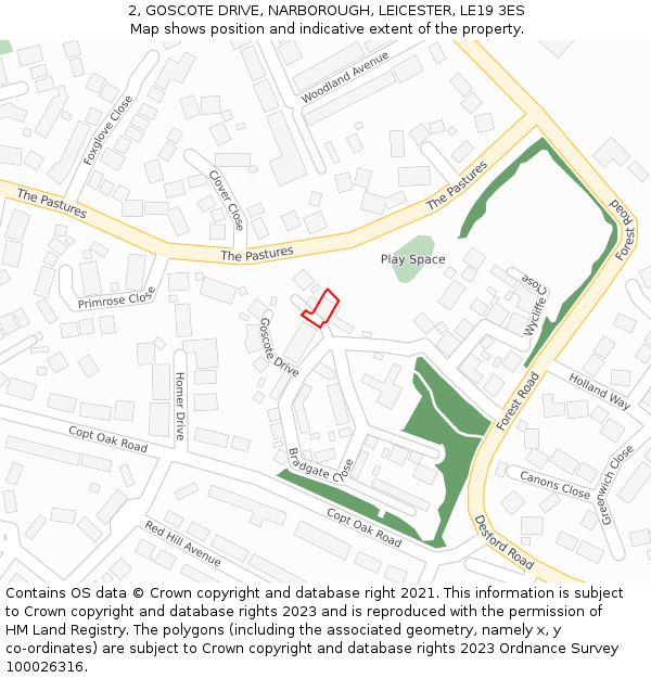 2, GOSCOTE DRIVE, NARBOROUGH, LEICESTER, LE19 3ES: Location map and indicative extent of plot