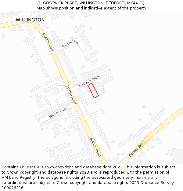 2, GOSTWICK PLACE, WILLINGTON, BEDFORD, MK44 3QJ: Location map and indicative extent of plot