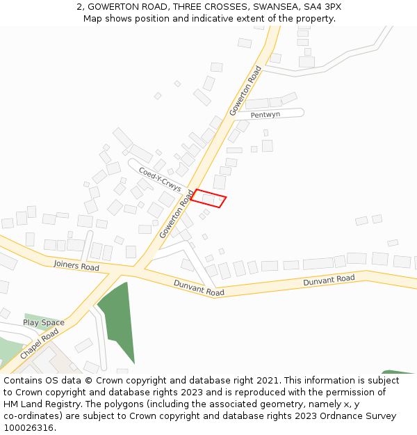 2, GOWERTON ROAD, THREE CROSSES, SWANSEA, SA4 3PX: Location map and indicative extent of plot