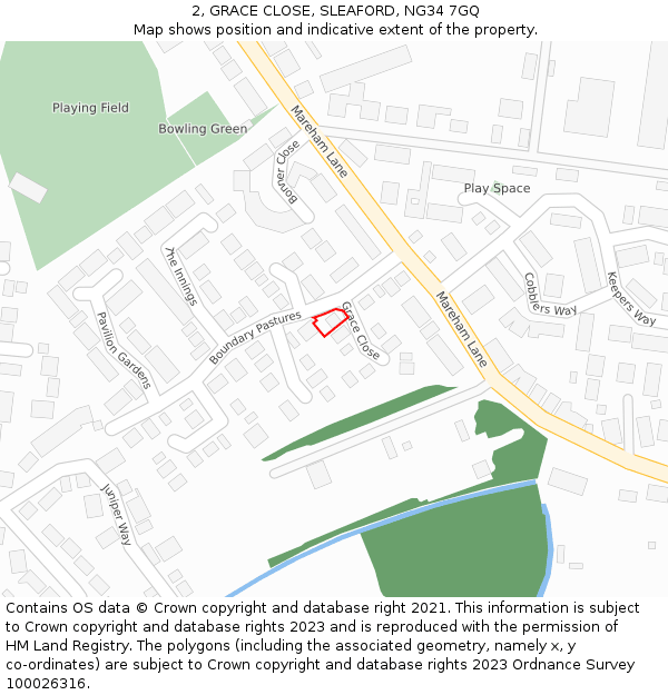 2, GRACE CLOSE, SLEAFORD, NG34 7GQ: Location map and indicative extent of plot