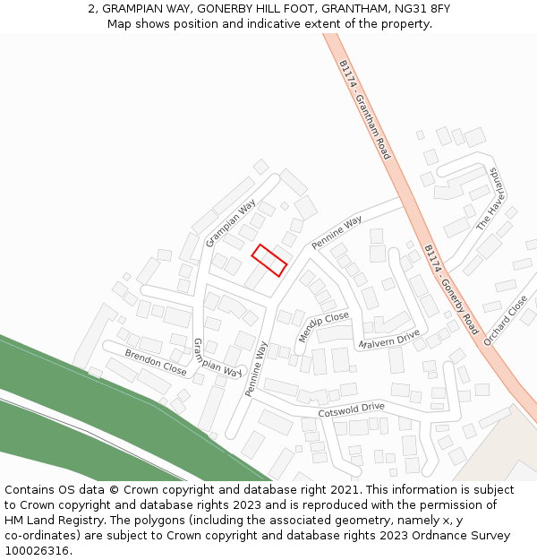 2, GRAMPIAN WAY, GONERBY HILL FOOT, GRANTHAM, NG31 8FY: Location map and indicative extent of plot