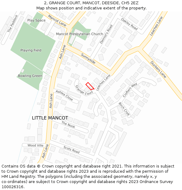 2, GRANGE COURT, MANCOT, DEESIDE, CH5 2EZ: Location map and indicative extent of plot