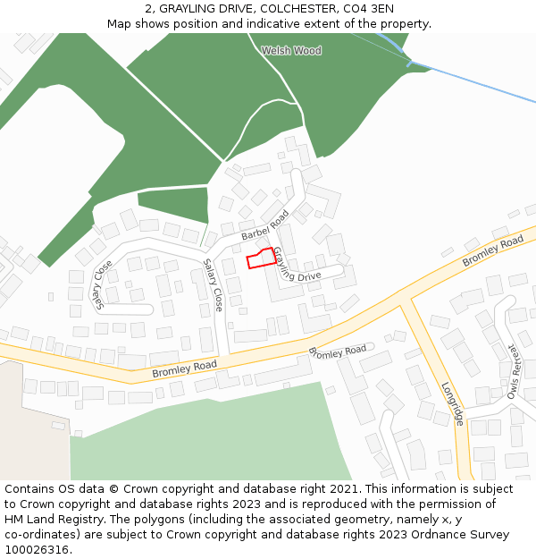 2, GRAYLING DRIVE, COLCHESTER, CO4 3EN: Location map and indicative extent of plot