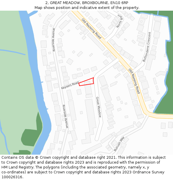 2, GREAT MEADOW, BROXBOURNE, EN10 6RP: Location map and indicative extent of plot