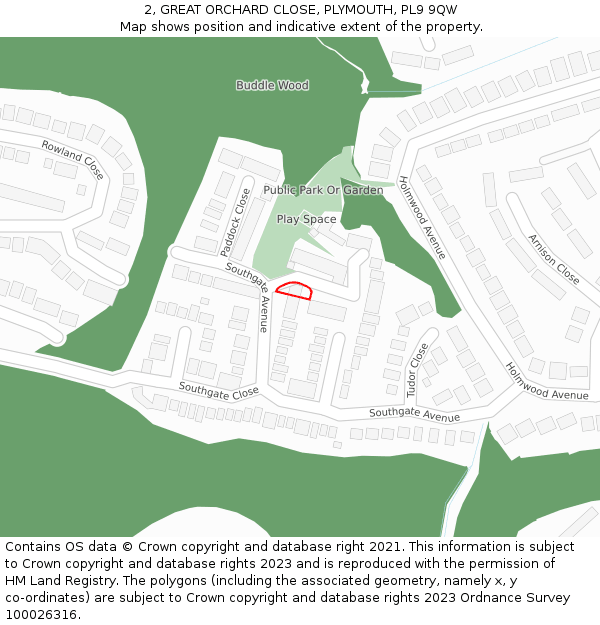 2, GREAT ORCHARD CLOSE, PLYMOUTH, PL9 9QW: Location map and indicative extent of plot