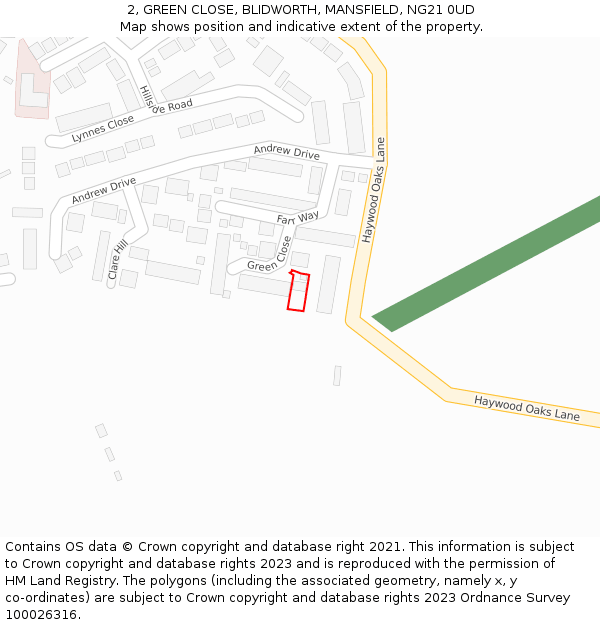 2, GREEN CLOSE, BLIDWORTH, MANSFIELD, NG21 0UD: Location map and indicative extent of plot