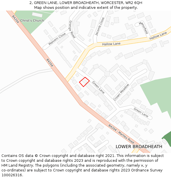 2, GREEN LANE, LOWER BROADHEATH, WORCESTER, WR2 6QH: Location map and indicative extent of plot