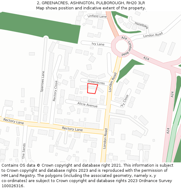 2, GREENACRES, ASHINGTON, PULBOROUGH, RH20 3LR: Location map and indicative extent of plot