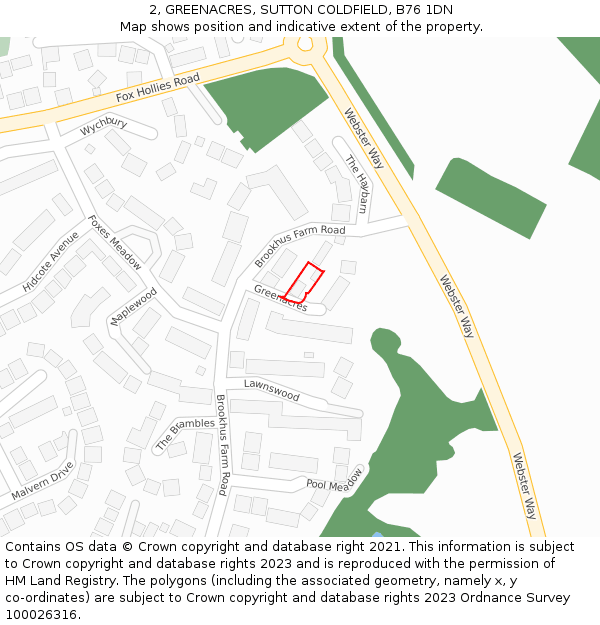 2, GREENACRES, SUTTON COLDFIELD, B76 1DN: Location map and indicative extent of plot