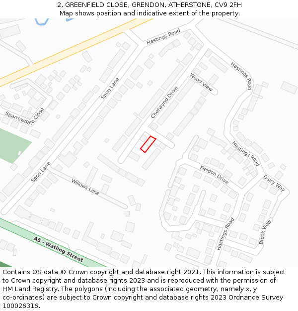 2, GREENFIELD CLOSE, GRENDON, ATHERSTONE, CV9 2FH: Location map and indicative extent of plot